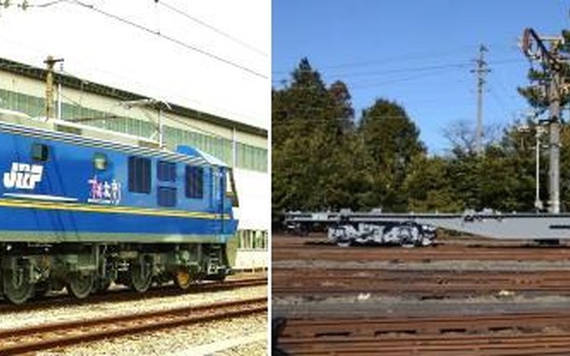 EF210形300番台（左）とコキ107形（右）。8月6日から京都鉄道博物館で展示される。