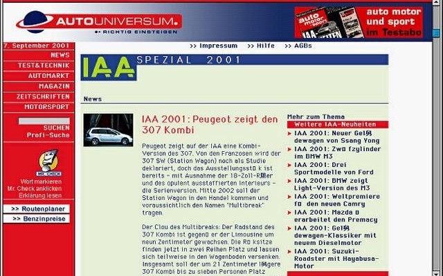 【フランクフルトショー2001出品車】プジョー『307SW』、マルチワゴンの予告