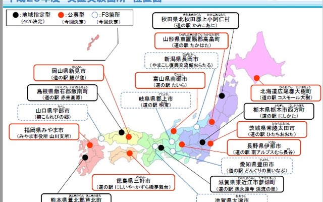 中山間地域における道の駅などを拠点とした自動運転サービスの2017年度に実施する公募型の実験地域