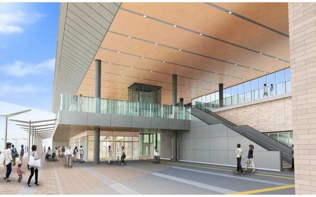 橋上化後の岩国駅西口エントランスのイメージ。1階部分は、岩徳線や錦川鉄道が発着する0・1番ホームに接する。