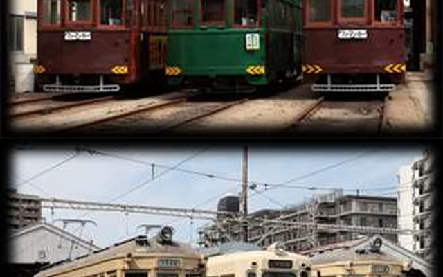 現役最古のモ161形（上）と金太郎塗り車両（下）が勢揃いする阪堺のラインナップツアー。