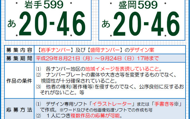 「岩手ナンバー」と「盛岡ナンバー」に導入する図柄入りナンバープレートのデザイン案を募集