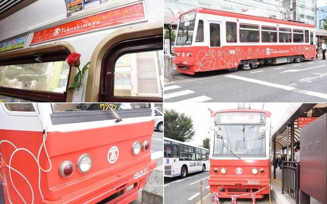 岡山電軌「ばらのタカシマヤ号」。車内はバラの香りで包まれている。