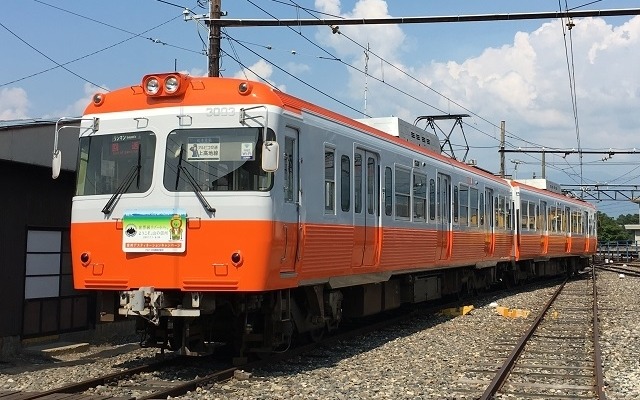 モハ10形リバイバルカラー車として、赤とグレーのツートンカラーに塗り替えられた3000形電車3003・3004号。元は京王電鉄井の頭線用の3000系だった。撮影会終了後には、この編成による臨時快速列車が運行される。