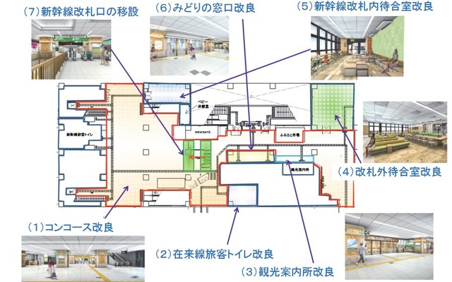 那須塩原駅リニューアル計画の概要。新幹線改札口が改札内コンコース寄りに移設され、改札口前のスペースが広くなるよう改良される。新幹線改札内の待合室は、ファミリー層を意識し、より眺望性の高い、明るい空間に改良される。