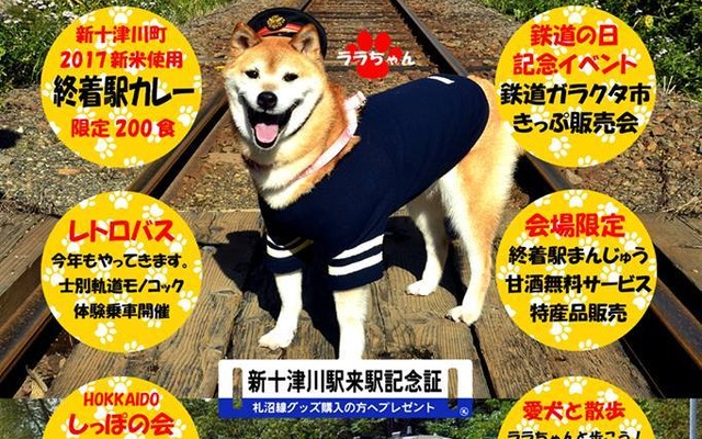 1日1本の駅・新十津川駅の「駅長」に就任した柴犬「ララ」が、お出迎え。グッズ購入者には新十津川駅来駅記念証がプレゼントされる。