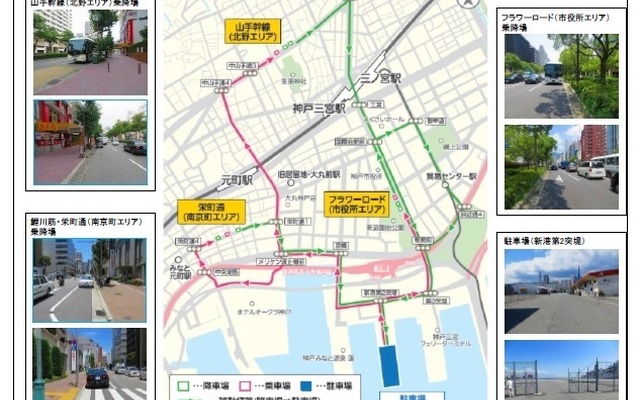 実証実験時乗降場所及び駐車場、走行経路