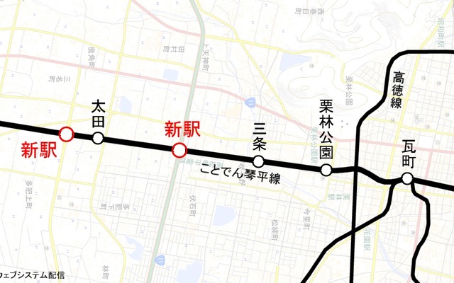 ことでん琴平線で計画されている高松市内の新駅（赤）。今回入札されるのは三条～太田間に計画された新駅の駅舎新築工事になる。