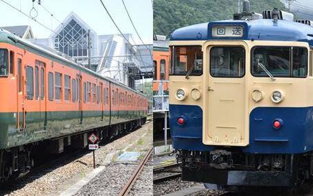 北しなの線を2往復する115系湘南色（左）と横須賀色（右）の併結臨時列車。普通乗車券のみで乗車できる。