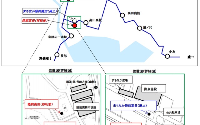 陸前高田市内の大船渡線BRTルートと各駅の位置。陸前高田駅が移転するほか、まちなか陸前高田駅の廃止と栃ヶ沢公園駅の新設が行われる。