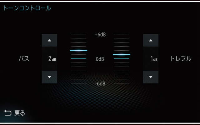 『ダイヤトーンサウンドナビ』の「トーンコントロール」画面。『ダイヤトーンサウンドナビ』には高性能な「イコライザーが搭載されているが、「トーンコントロール」も搭載されていて、手軽な補正も行えるようになっている。