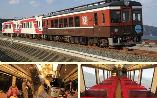 こたつが温かみのある真っ赤な「養命酒カラー」となる今年の「こたつ列車」。車内では岩手県沿岸北部の伝統で、秋田県の「なまはげ」に似た「なもみ」が登場。絶景ポイントでは列車を停止させるサービスも。「こたつ列車」の車両は36ｰZ1「さんりくはまかぜ」（写真上の先頭車両）で、久慈発は通常列車に併結。折返しの宮古発は「さんりくはまかぜ」のみの臨時列車として運行される。
