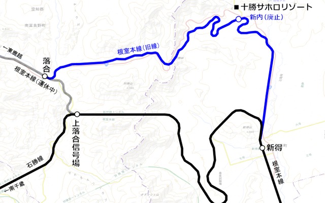 代行バスが12月1日から立ち寄る十勝サホロリゾートの位置。旧線の新内駅跡が比較的近いところにある。