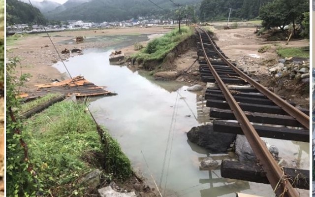 豪雨と台風で被災した日豊本線（左）・日田彦山線（中央）・久大本線（右）。日豊本線は12月下旬、久大本線は2018年夏に再開の見込みだ。