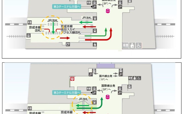 空港第2ビル駅の現状（上）と「二重改札」解消後（下）のイメージ。JR線を利用して同駅で下車する場合の「二重改札」が解消される。