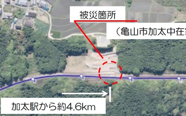 関西本線の被災地点。加太駅から約4.6kmの地点で法面が崩壊した。