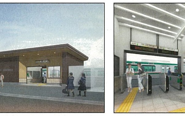 新駅舎の外観（左）と駅舎内（右）のイメージ。2018年1月20日から使用開始する。