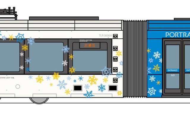 青いアクセントカラーを付けたTLR0600形0606編成が使用される「Snow Lightram」。