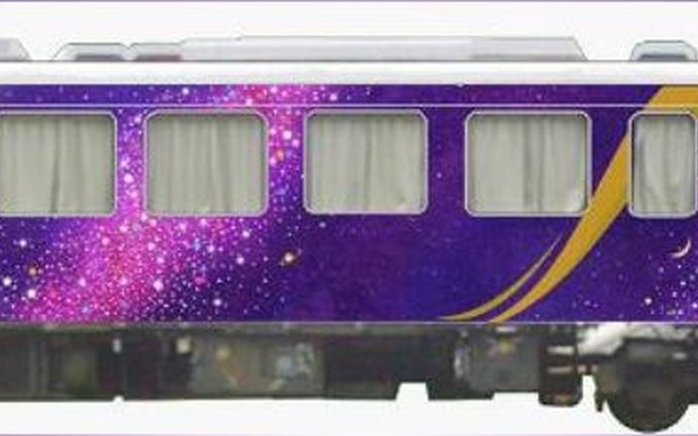 観光列車用HOT3521号のラッピングイメージ。智頭急行ではこのラッピングで「話題性を高め、『移動手段』から一歩進んだ記念撮影などの『観光行動』にいざなって、顧客満足度の向上を図ります」としている。