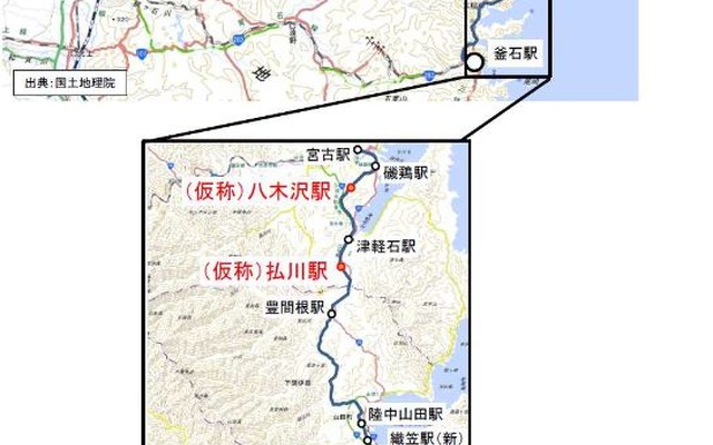 山田線海岸区間の宮古市内に新設される2駅の位置。