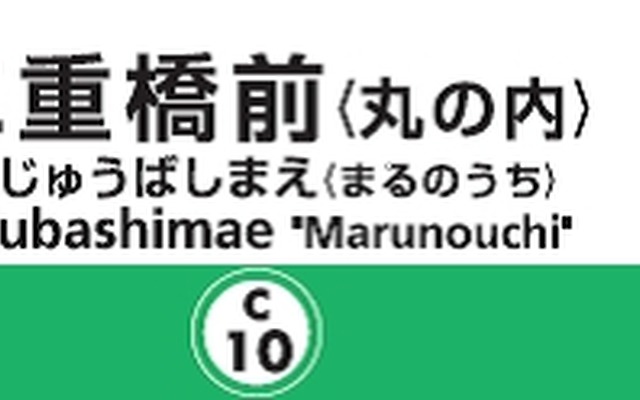 二重橋前駅の新しい駅名標。2018年3月17日から副名称の「丸の内」が加わる。