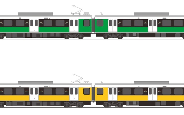 第3編成（上）と第4編成（下）のイメージ。緑はお茶、黄色はミカンをイメージしている。