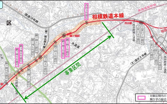 鶴ヶ峰駅付近の平面図。約2.7kmの区間で地下方式による連立事業が行われる。