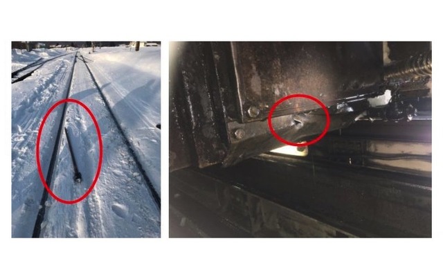 落下した工具（左）と破損したラジエター（右）。