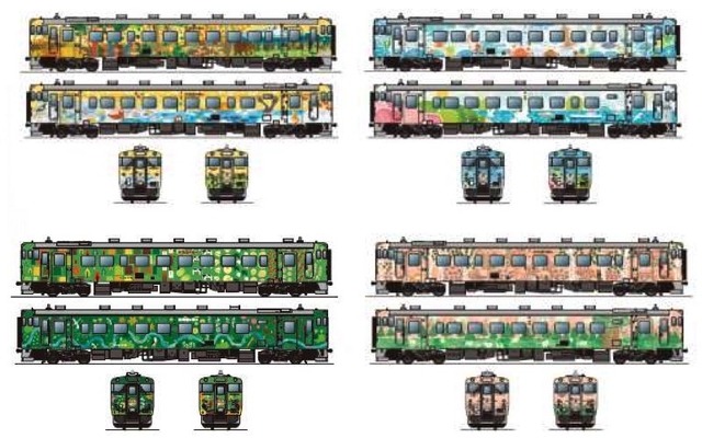 3月から順次登場する4種類の「北海道の恵み」。左上が3月下旬に登場する道北用の「流氷の恵み」（キハ40 1720を改装）、左下が4月頃に登場する道東用の「森の恵み」（キハ40 1779を改装）、右上が6月頃に登場する道南用の「海の恵み」（キハ40 1809を改装）、右下が7月に登場する道央用の「花の恵み」（キハ40 1780を改装）。