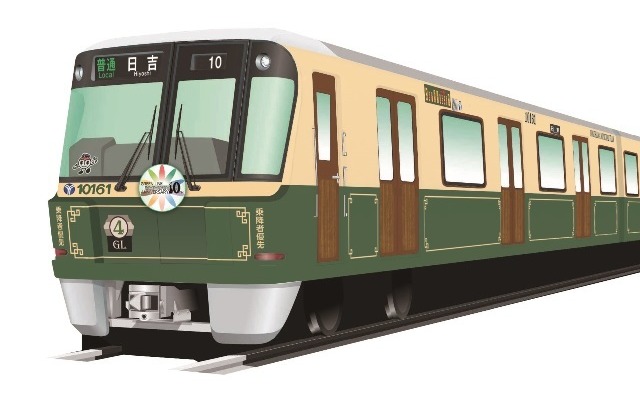 グリーンとクリームの2色で横浜市電のレトロ感を出すグリーンライン10000形の10周年記念装飾列車（イメージ）。