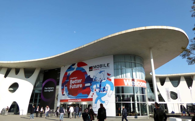 スペイン・バルセロナで26日から開催される「MWC（Mobile World Congress）2018」の会場入口