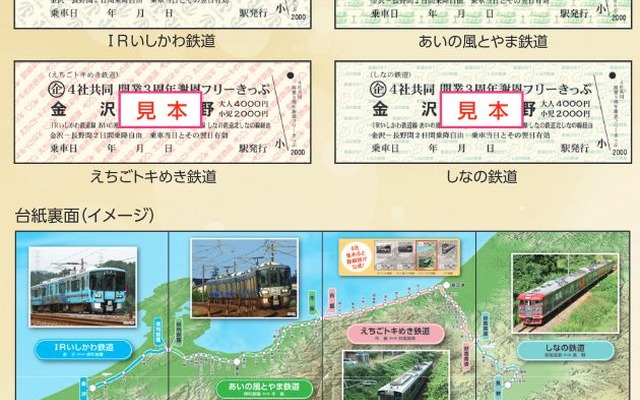 D型硬券タイプとなる4社線共同のフリー切符。地紋は各社ごとに異なる。裏面に各社線ごとの路線図が入った台紙が付いており、全部集めると4社線の路線がつながるようになっている。