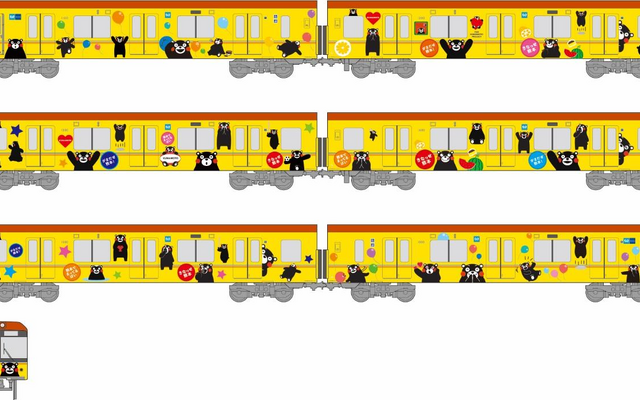 昨年3月に全車引退した01系に代わって、くまモンのラッピングが施される1000系。