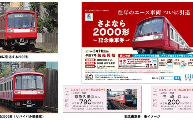 3月下旬までに引退する2000形（左）と、発売される記念乗車券（右）。