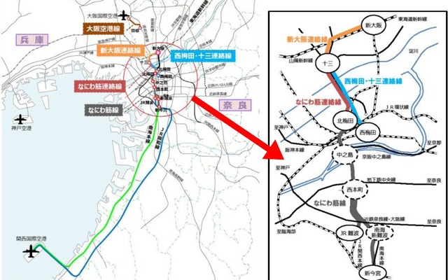 近畿圏空港アクセス整備で検討された4路線の概略。「西梅田・十三連絡線」は関空との直結性が薄く、「なにわ筋連絡線」と「なにわ筋線」のルートが利便性や採算性で有利とされている。