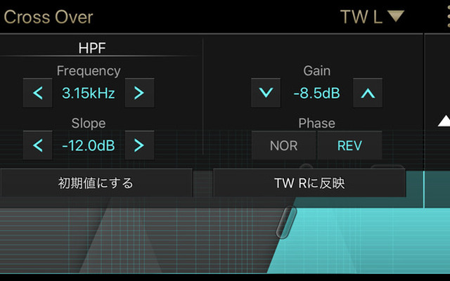 クラリオン『フルデジタルサウンド』のチューニングアプリの「クロスオーバー」調整画面。