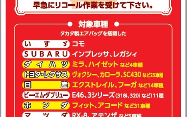 タカタ製エアバッグのリコール未改修車は車検が通りません（5月1日から）