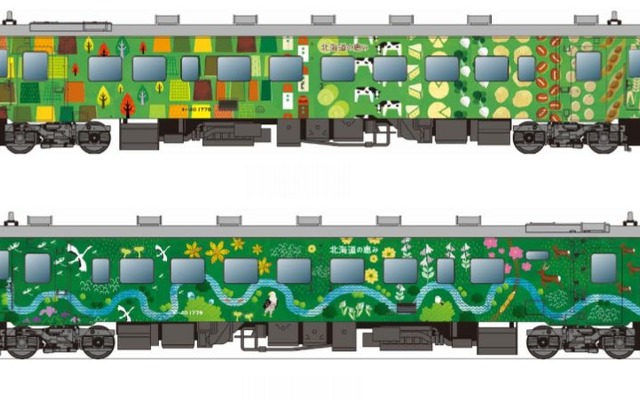 イラスト車両「道東 森の恵み」の両側面デザイン。