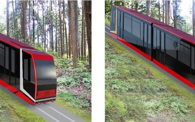 新型車は朱色ベースの2両編成で、塗色は特急『こうや』や現在の車両のイメージを引き継ぐもの。左の1号車は白のライン、右の2号車はオレンジのラインを配しており、1号車は高野山の神社仏閣を、2号車は高野山の緑に溶け込むデザインとする。