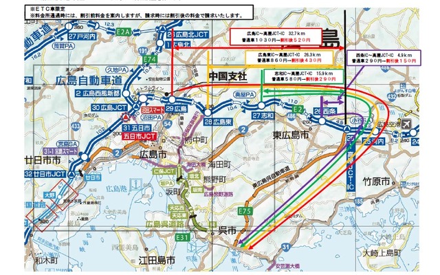 山陽道・東広島呉道路経由の広域迂回ルートへ誘導するため通行料金を調整