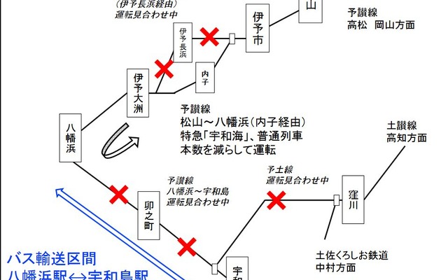 7月17日時点の予讃線松山～宇和島間の運行状況。予土線も運行見合せとなっているため、愛媛県内から高知県内へ鉄道で抜けるには、大きく東へ迂回しなければいけない状況となっている。