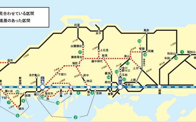 7月18日14時時点におけるJR西日本の運行状況。中国地方の山間路線を中心に不通区間が続いている。舞鶴線と山陰本線は今週中に不通区間がなくなる模様。