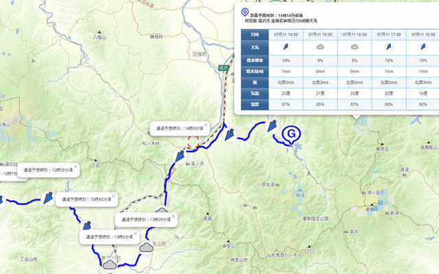 ルート沿い天気予報
