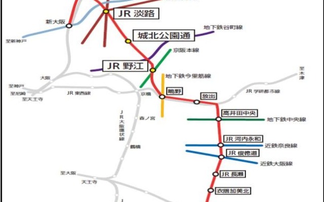 おおさか東線の路線と新大阪～放出間に設置される新駅の概略。