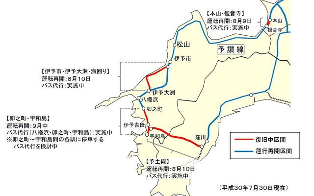 7月30日時点における、四国内の運行再開予定。