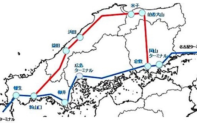 山陽本線貨物列車の迂回ルート（赤線部分）