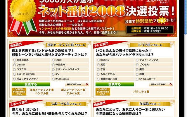5000万人が選ぶネット番付08…ヤフーで投票受付中　12月8日まで