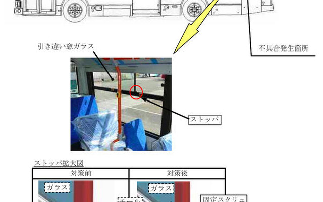 【改善対策】日野 ブルーリボンII…窓ガラスが破損