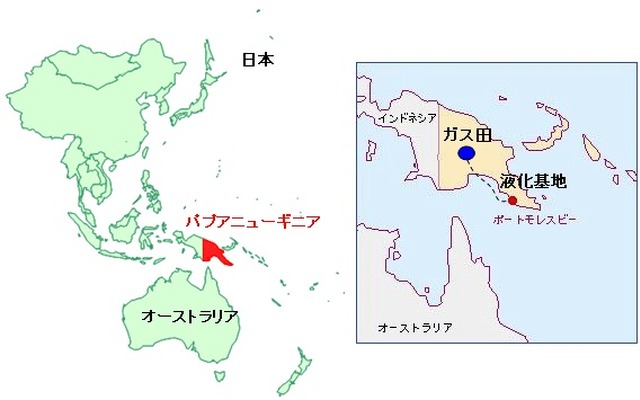 パプア・ニューギニアのガス田・液化基地 位置図