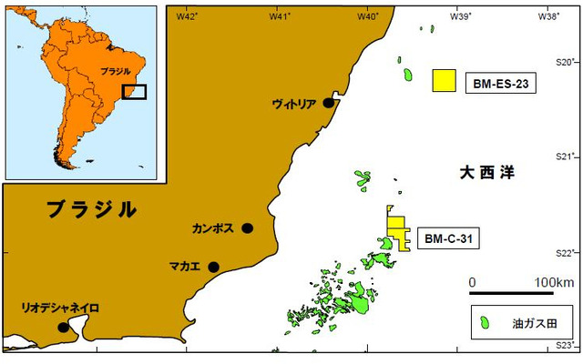 ブラジル海上BM-C-31鉱区及び海上BM-ES-23鉱区位置図